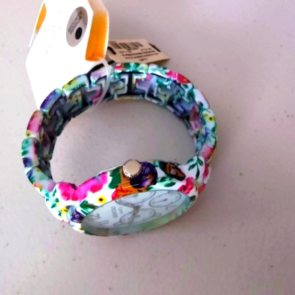 Aeropostale Analog Wristwatch Colorful Floral Pattern Expansion Band Silver Tone